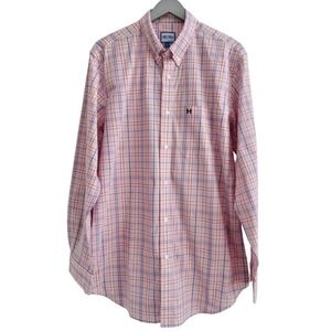 HeyBo Mens Shirt L Pink Plaid Cotton Stretch Long Sleeve‎ Button Up